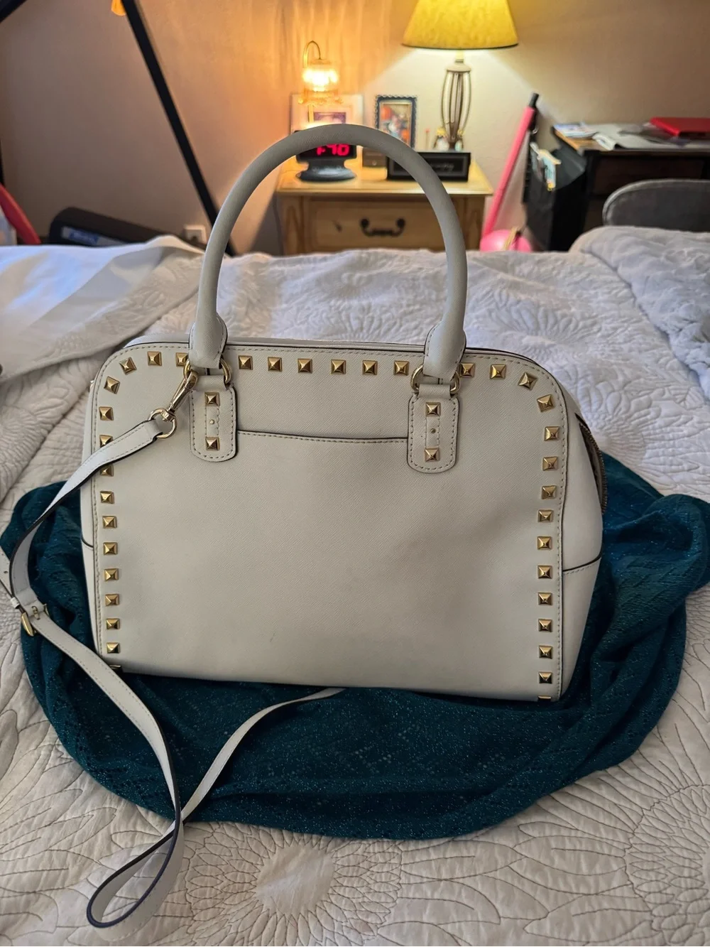 Michael Kors White Stud-Accent Satchel with Gold Hardware